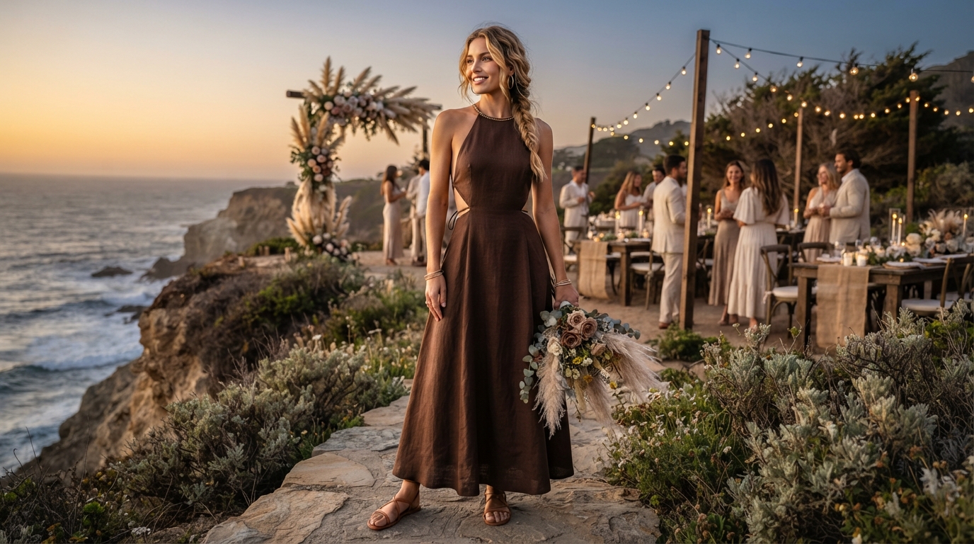 Chocolate Brown Backless Halter Linen Maxi Dress